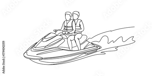 Continuous line drawing of two people wearing life vests, riding a personal watercraft on the ocean, enjoying summer vacation activities. Vector