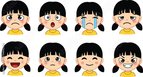 Cartoon girl emotion set, facial expressions vector, emotional moods illustration, character design, feelings icons, kids emotion chart, psychology concept