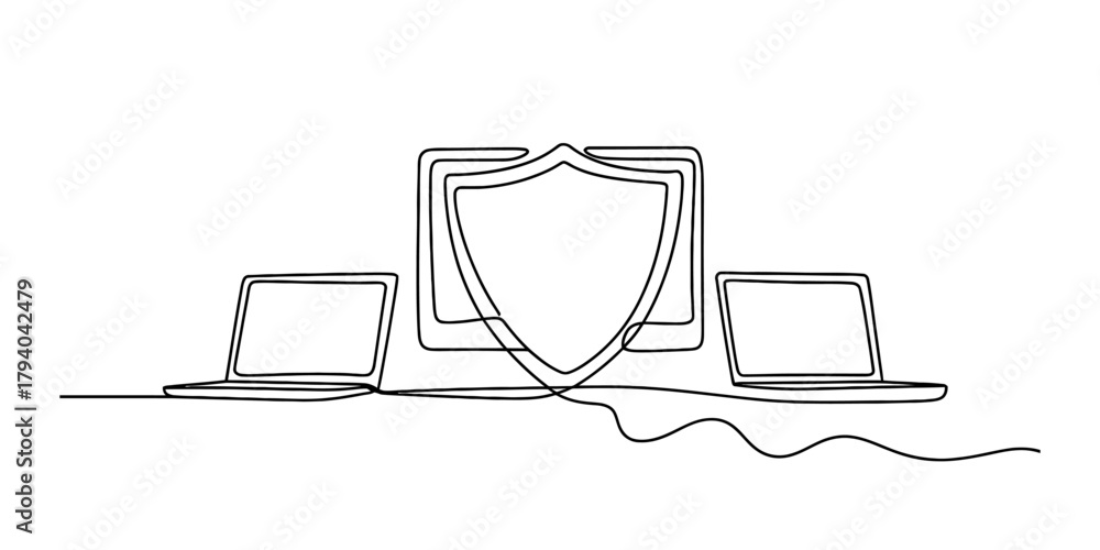 Naklejka premium Continuous line drawing: two laptops connected with a central shield icon, symbolizing robust network security, data protection, and digital safety. Vector