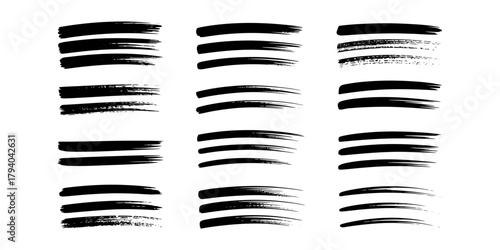 Collection of hand-drawn black ink brush strokes, textured artistic marks for underline, highlight, and creative graphic design element. Vector