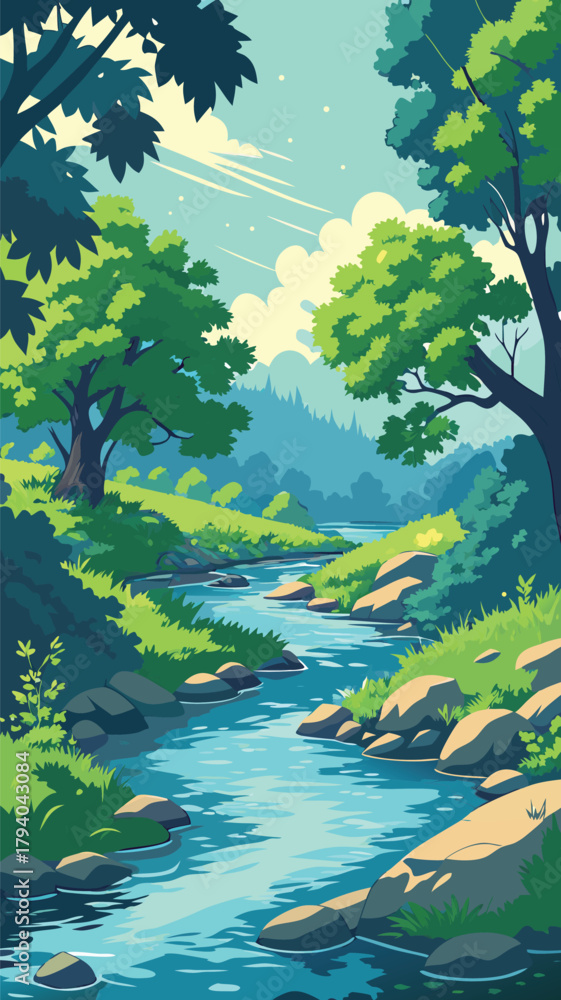 Fototapeta premium Forest stream landscape with mountains and lush greenery