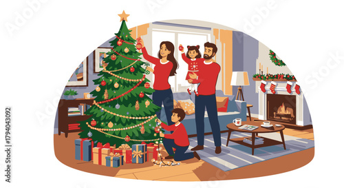 A family decorates a Christmas tree in a cozy living room with presents underneath and a fireplace in the background.