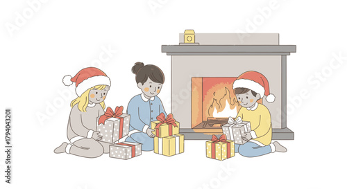 Three children in Santa hats sit on the floor, opening Christmas presents near a fireplace.