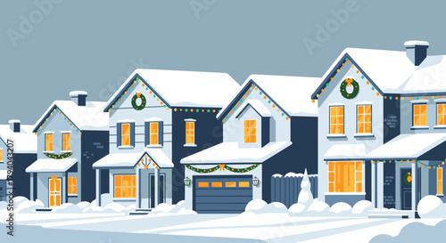 Illustration of a row of houses covered in snow, decorated with Christmas lights and wreaths.