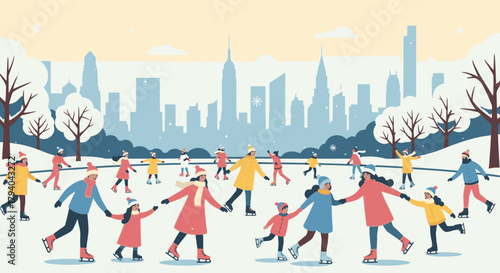 An illustration of diverse families and friends ice skating in a snowy city park with a large urban skyline in the background.