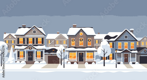 A row of charming houses decorated for the holidays with snow on the roofs and warm lights glowing from the windows.
