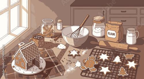 A cozy kitchen scene with a gingerbread house, cookies, and baking ingredients on a table by a window.