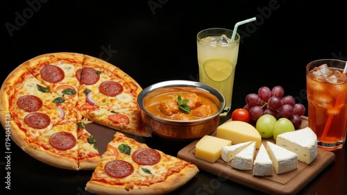 Pizza and assorted food arrangement on a dark background