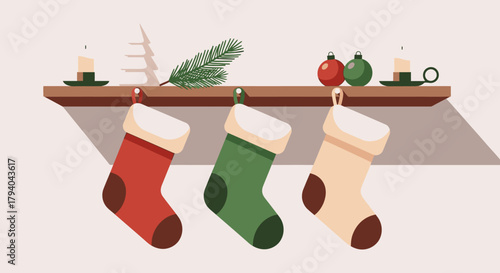 Three festive Christmas stockings hanging on a mantelpiece with decorations.