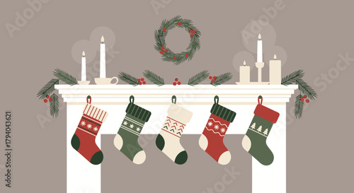 A cozy Christmas fireplace mantel decorated with five stockings, candles, pine garlands, and a festive wreath.