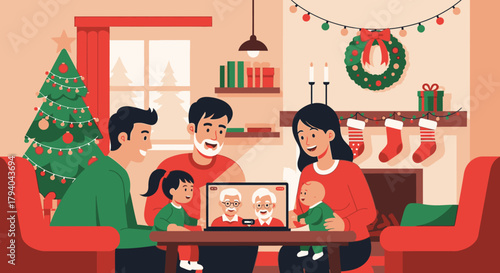 Family video call during Christmas, featuring a decorated tree and fireplace, celebrating the holiday.