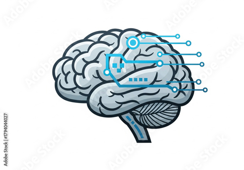 Conceptual illustration of a human brain integrated with digital electronic circuits, representing artificial intelligence and neurotechnology.