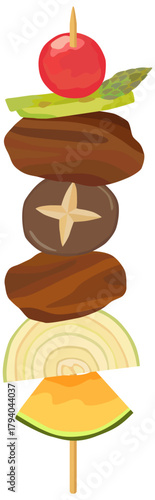 バーベキュー の串 かぼちゃ、玉ねぎ、椎茸、アスパラガス、ミニトマト ベクター素材