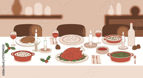 A festive holiday dinner table is set with a roasted turkey, side dishes, and wine, ready for a celebratory meal.