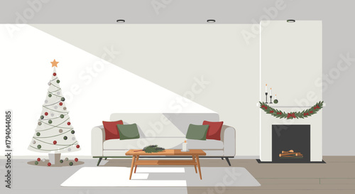 Cozy living room decorated for Christmas with a white sofa, tree, and fireplace.