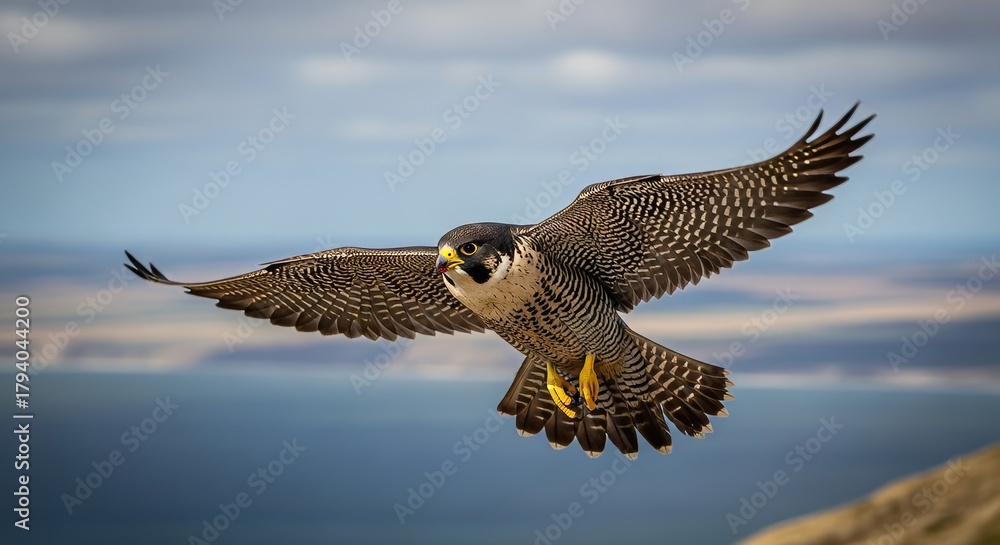 Fototapeta premium The peregrine falcon flies and searches for its prey.