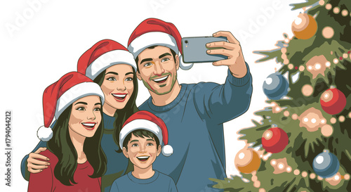 Family of four wearing Santa hats taking a selfie in front of a Christmas tree.