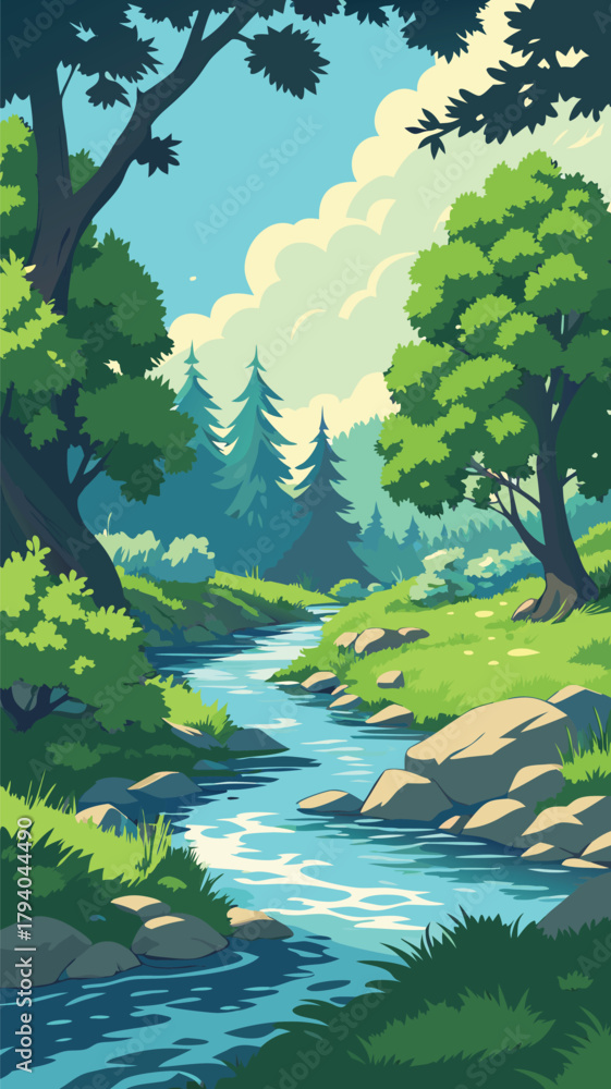 Naklejka premium Forest stream flowing through lush green woodland