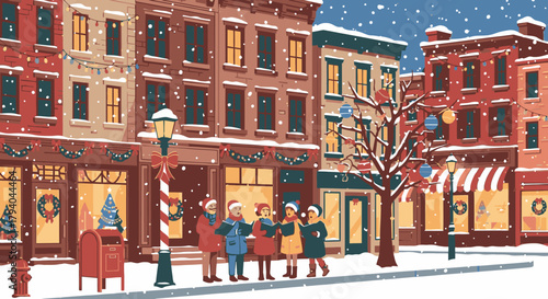 Charming illustration of children caroling on a snowy, festive city street corner during winter.