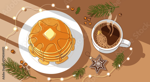 A warm and cozy breakfast scene featuring a stack of golden pancakes with melting butter and syrup, next to a steaming cup of coffee, surrounded by festive holiday decorations.