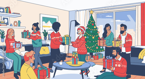 A diverse group of friends in festive sweaters exchanging gifts at a Christmas party in a cozy living room.