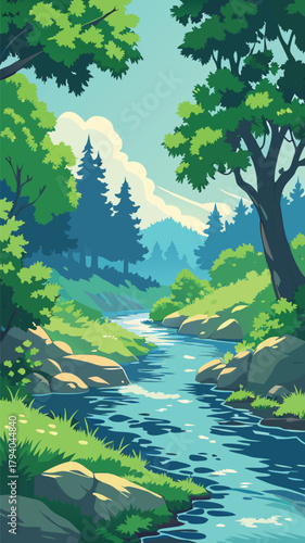 Forest stream landscape with lush greenery and sky