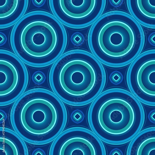 Abstract geometric circle flow seamless pattern with blue-teal gradient glow, ideal for digital business and tech branding.