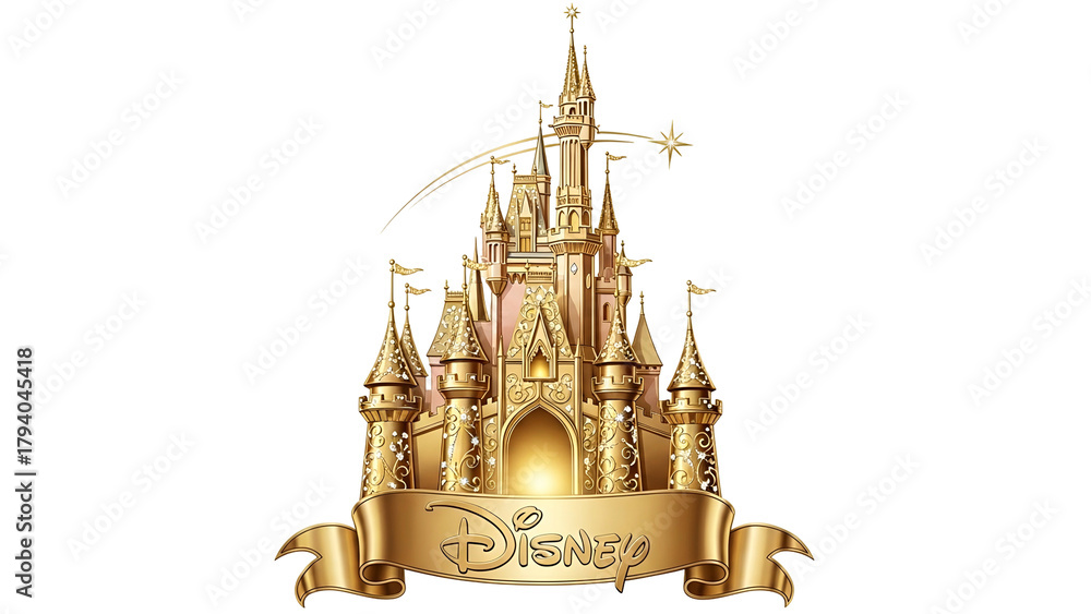 Naklejka premium Ornate golden fairytale castle emblem featuring a shooting star and ribbon scroll against a dark backdrop