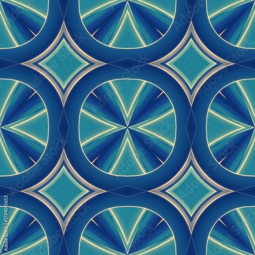 Abstract geometric circle flow seamless pattern with blue-teal gradient glow, ideal for digital business and tech branding.