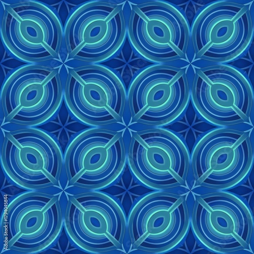 Abstract geometric circle flow seamless pattern with blue-teal gradient glow, ideal for digital business and tech branding.
