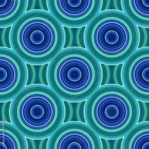 Abstract geometric circle flow seamless pattern with blue-teal gradient glow, ideal for digital business and tech branding.