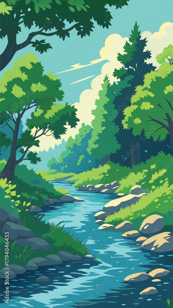 Fototapeta premium Forest stream with rocks and trees