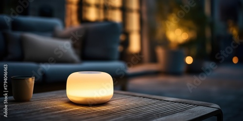 Soft glow of a decorative lamp on a wooden table in an outdoor evening setting with cozy seating.