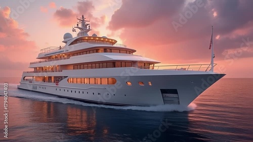 Luxury Superyacht Sailing at Sunset in the Ocean