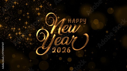 Happy new year 2026 text animation in gold with fireworks, perfect for festive promotions, social media posts, digital invitations, and holiday designs.