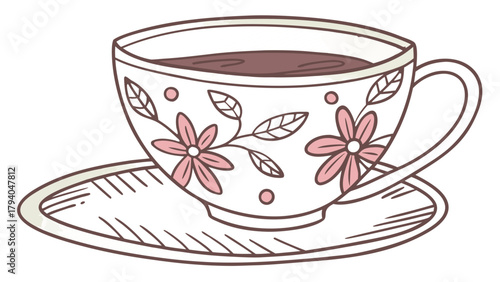 Illustration of a teacup with brown liquid and floral design on a saucer, isolated on white background