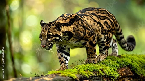Majestic Clouded Leopard Walking on a Mossy Branch in the Jungle.