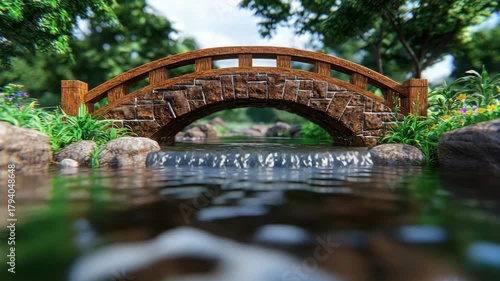 Stone bridge over flowing water with lush green surroundings