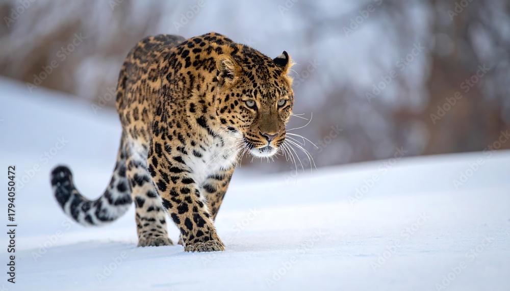 Obraz premium A big cat, camouflaged with a spotted coat, gracefully walks across a snowy expanse, facing the camera
