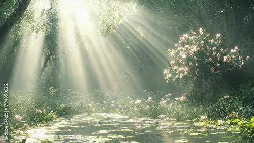 Sunlight streaming through forest canopy above pond with water lilies