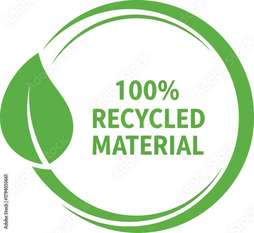 Sustainable 100 percent recycled material eco friendly green leaf circle emblem badge vector