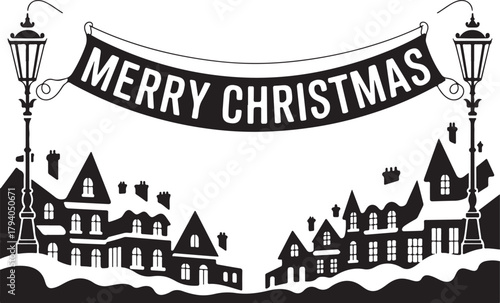 Merry Christmas vintage town scene vector silhouette. Winter holiday landscape with a snowy village and street lamps