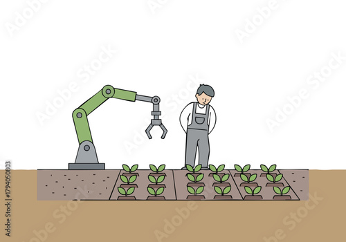 A robotic arm tends to seedlings in a field, highlighting automation and agriculture. A worker observes, conveying a sense of technological integration.