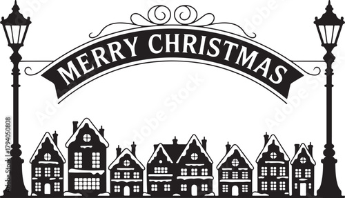 Merry Christmas vintage town scene vector silhouette. Winter holiday landscape with a snowy village and street lamps