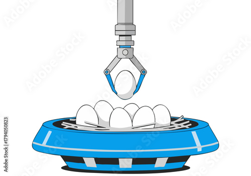 A robotic arm precisely sorts eggs in a futuristic, circular tray. Clean lines and a bright blue design create a modern, technological aesthetic. Ideal for tech, automation, and food concepts.