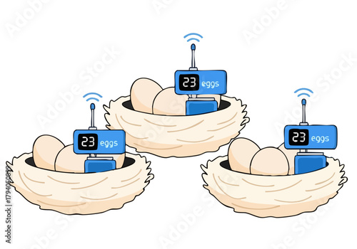 Three nests with eggs and digital displays showing '23 eggs' each. Simple, clean track UI design. Modern, minimalist illustration.