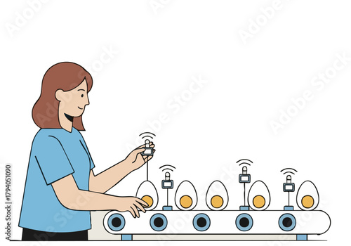 A woman oversees an automated egg sorting line, optimizing production. Clean, modern illustration style. Focus on efficiency and technology.