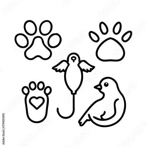 Clean line-art vector icon set tailored for pet-care startups, including icons such as a dog paw, cat silhouette, vet stethoscope and bird icon — great for startup branding, apps and web icons.
