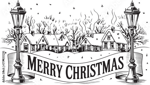 Merry Christmas winter village scene vector illustration. Vintage hand-drawn snowy town landscape with street lamps and banner
