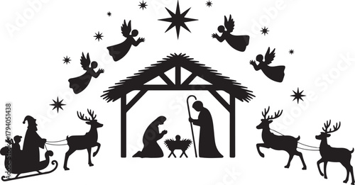 Nativity Scene Vector with Santa Claus, Commercial use, Digital Download, Christian Vector, Christmas Vector, Christmas Decoration, Clip